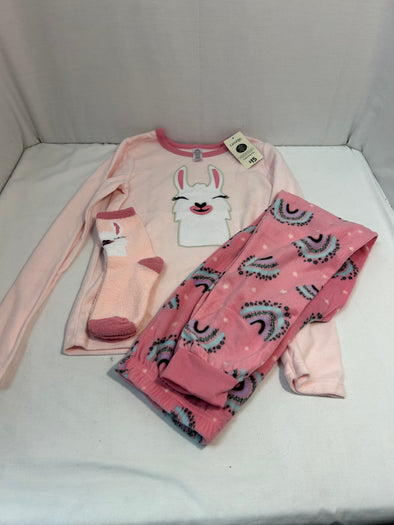 Girls 3 Piece PJ Set, Top/Bottom/Socks, Pink/White, Size 10/12