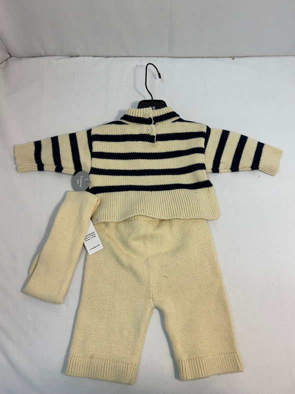 3-Piece Infant Girls Set,Ecru/Navy Stripe, Size 3 Months, Pants, Sweater, Hat, New. great Gift