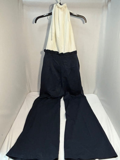 Ladies Halter Top Jumpsuit, White Top, Navy Bottom,