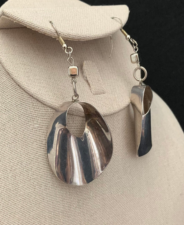 Taxco Mexican 925 Silver, Wavy Open Circle, Dangle Hook Earrings