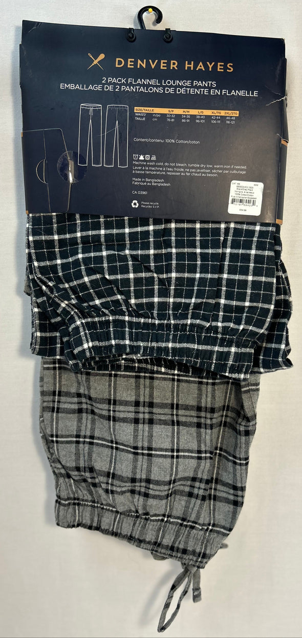 2 Pair Men's Lounging Pants, Grey/Black Plaid, Medium