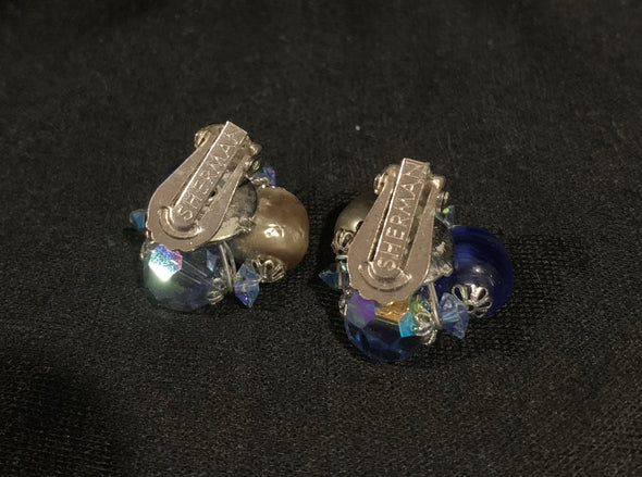 Signed Sherman, art glass, pearls and Swarovski bead necklace and clip-on earrings