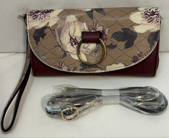 Cross Body Wristlet, Burgundy Floral, 8" x 4.5", NEW