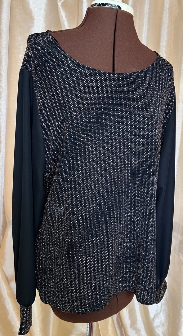 Ladies Long Sleeve Metallic Blouse, Black/Gold, 2XL, NEW