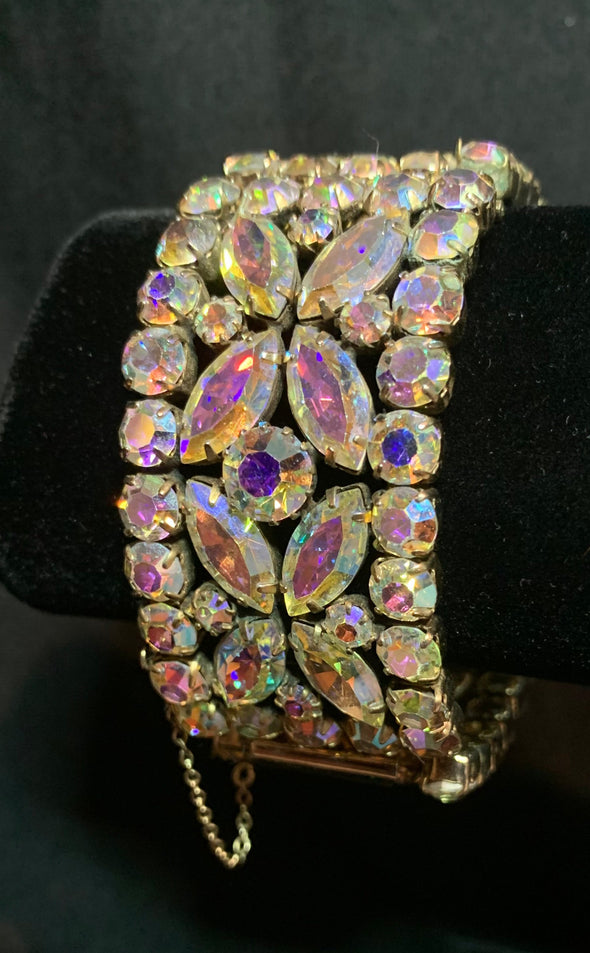 Vintage (1950's) signed Sherman cuff bracelet, Aurora Borealis