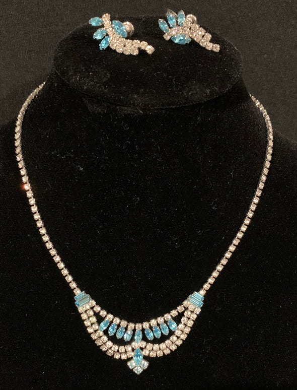 Vintage (1960's) Jay Flex Sterling Blue and Clear Stone Necklace and Earrings