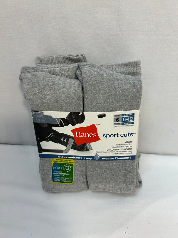 6 Pair Sport Crew Socks, Terry Cushion, Grey, Size 6-12, NEW