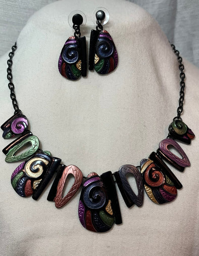 Multi-Coloured Enamel Necklace and Earrings