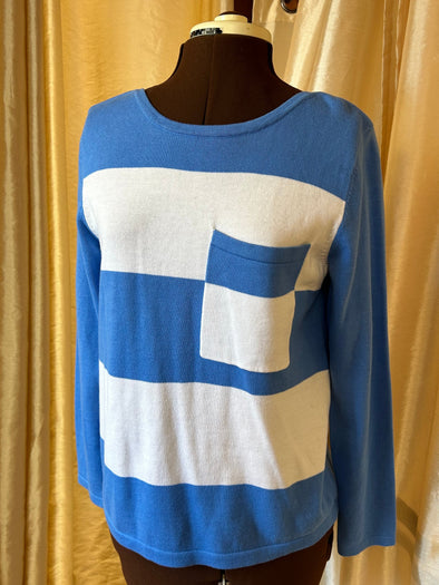 Ladies Long Sleeve Sweater, Blue/White, Size Small, 100% Cotton