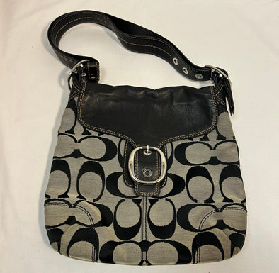 Ladies Handbag, Logo Print, Black, & Taupe, 12" x 12"