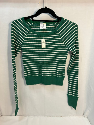 Ladies Raglan Sleeve Crew Neck Top, Green/White Stripe, S,