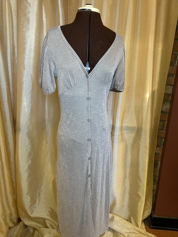 Short Sleeve V-Neck Dress, Taupe Stripe, Maxi Length, Size Large, New With Tags