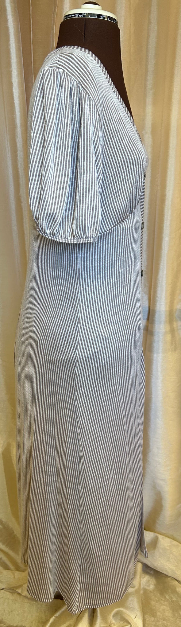 Short Sleeve V-Neck Dress, Taupe Stripe, Maxi Length, Size Large, New With Tags