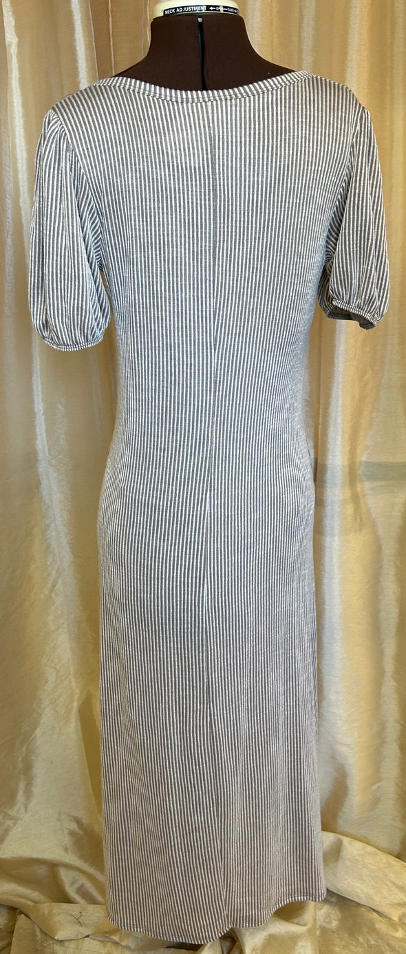 Short Sleeve V-Neck Dress, Taupe Stripe, Maxi Length, Size Large, New With Tags