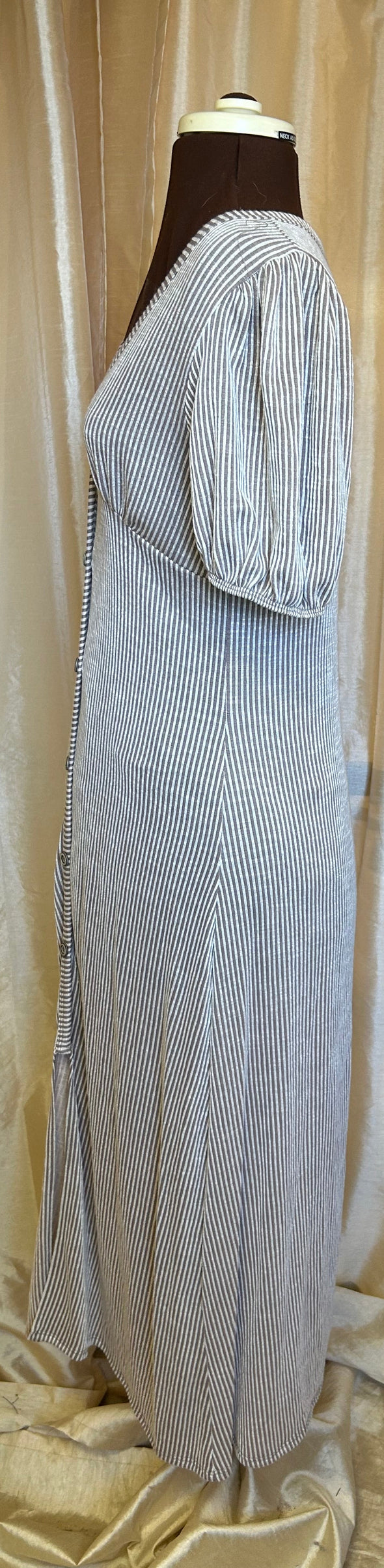 Short Sleeve V-Neck Dress, Taupe Stripe, Maxi Length, Size Large, New With Tags
