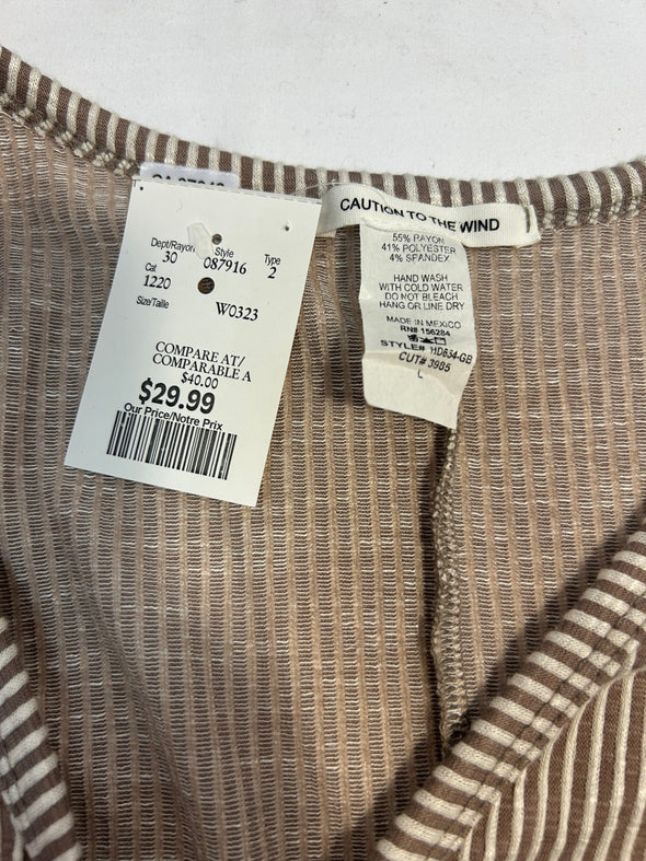 Short Sleeve V-Neck Dress, Taupe Stripe, Maxi Length, Size Large, New With Tags