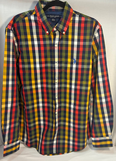 Men's Long Sleeve Plaid Shirt, Red/Green/Yellow/White, Med