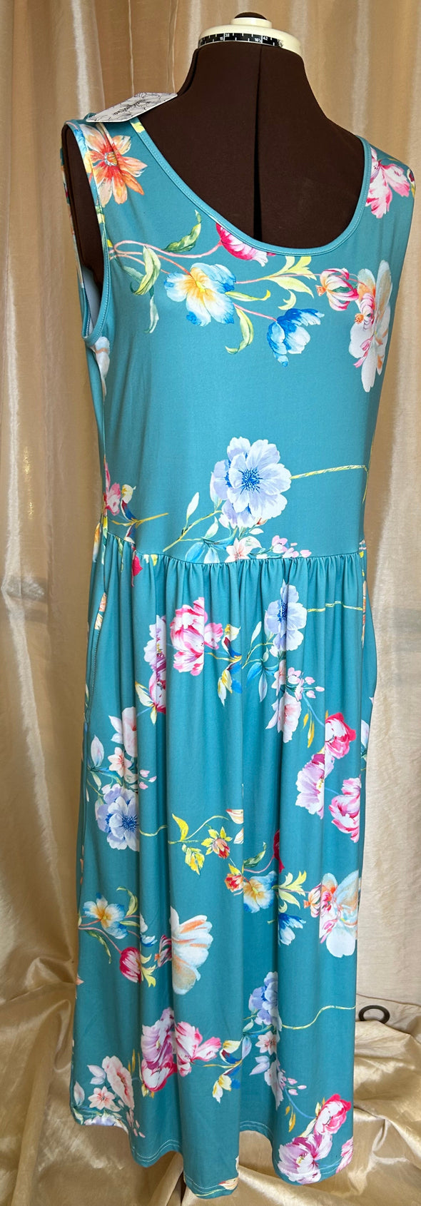 Sleeveless Print Dress, Mint Floral, Size Large, Polyester Blend