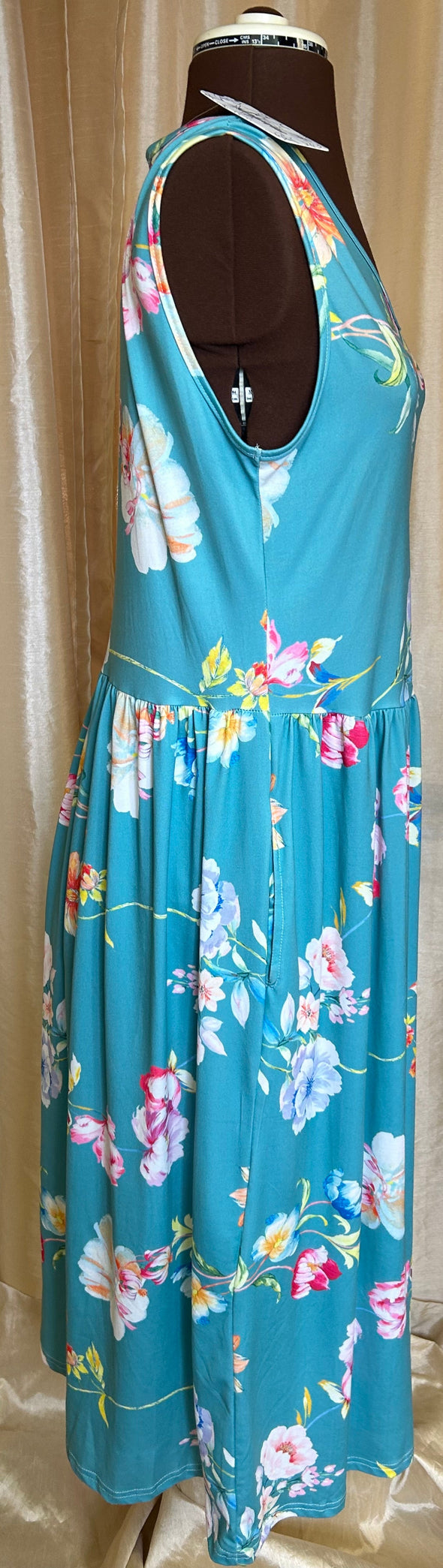 Sleeveless Print Dress, Mint Floral, Size Large, Polyester Blend