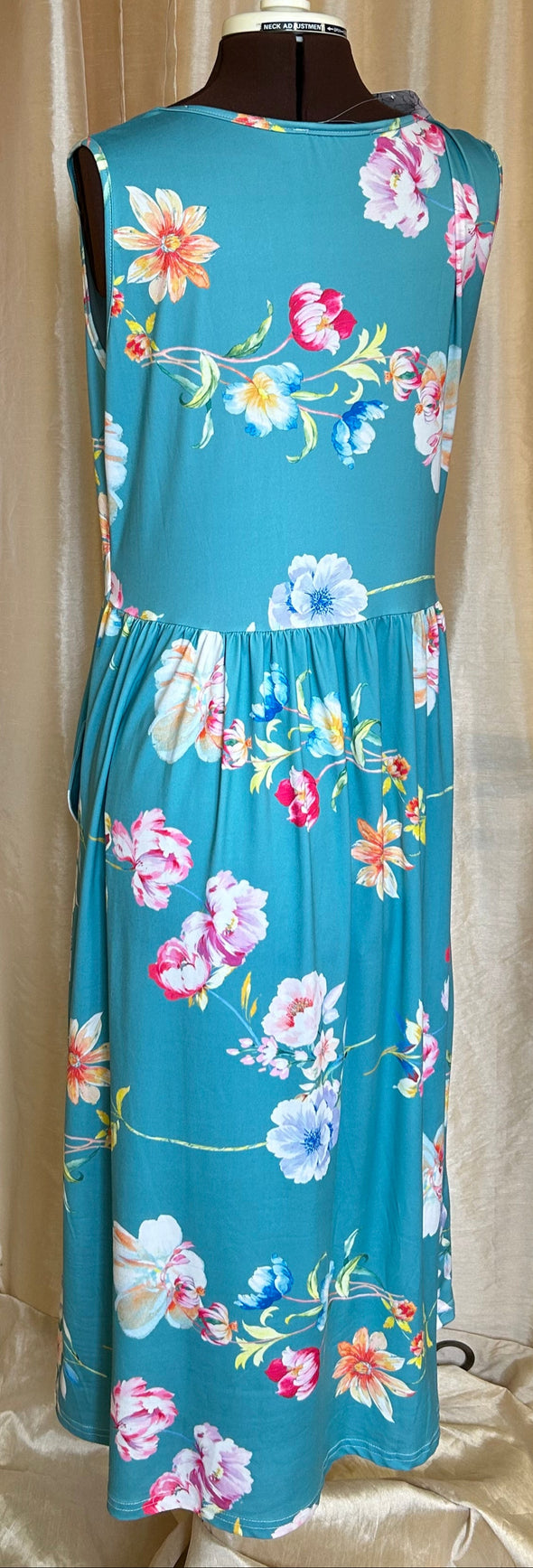 Sleeveless Print Dress, Mint Floral, Size Large, Polyester Blend