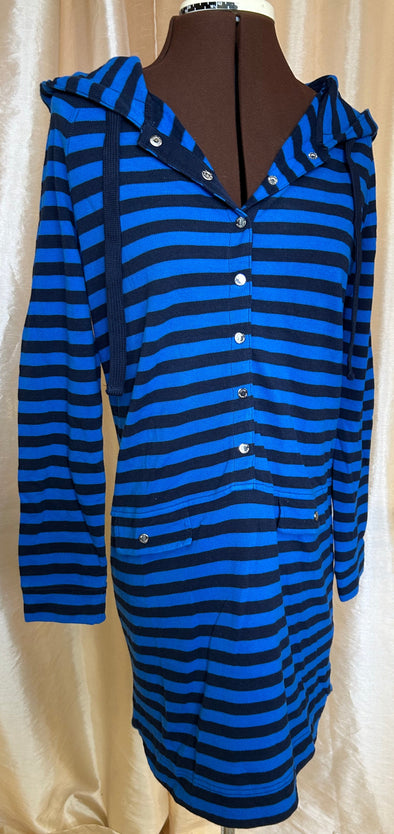 Long Sleeve Hoodie Dress, Blue/Black Stripe, Medium, NEW