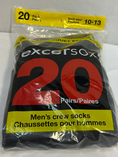 Men's Crew Socks, 20 Pair, Size 10-13, Black, NEW