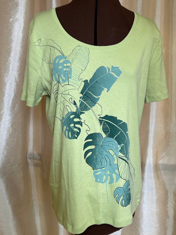 Ladies Short Sleeve Crew Neck T-Shirt, Green Print, Size XL, NEW