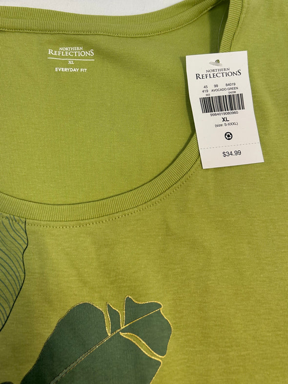 Ladies Short Sleeve Crew Neck T-Shirt, Green Print, Size XL, NEW