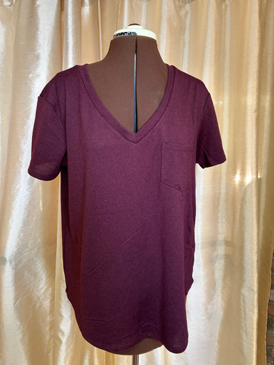 Shirt Sleeve V-Neck Pullover, Wine, Large,