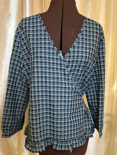 Ladies Wrap Blouse, Green Plaid, XL