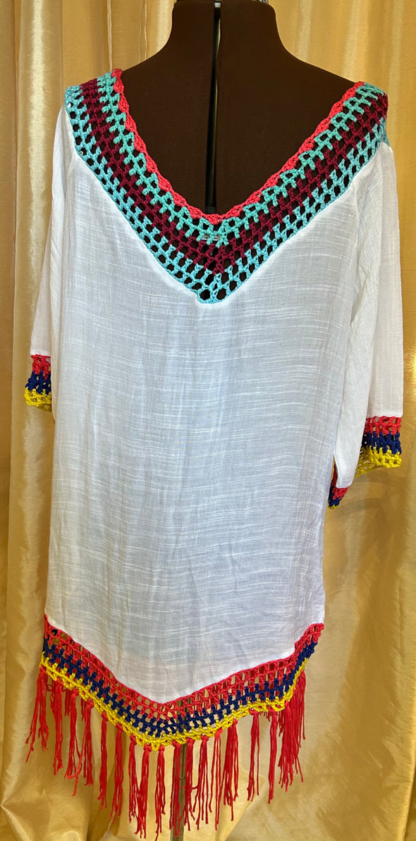 Ladies Beach Cover-Up, White/Pink Fringe, One Size