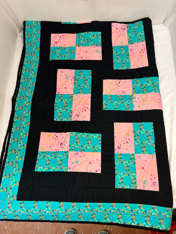 Handmade Quilt, Black/Teal/Pink, 64” x 48”, Reverse Side White