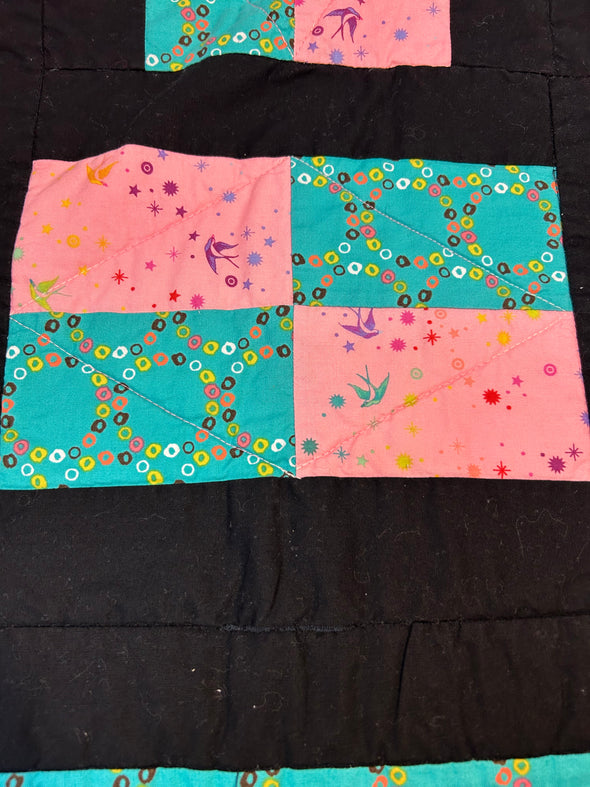 Handmade Quilt, Black/Teal/Pink, 64” x 48”, Reverse Side White