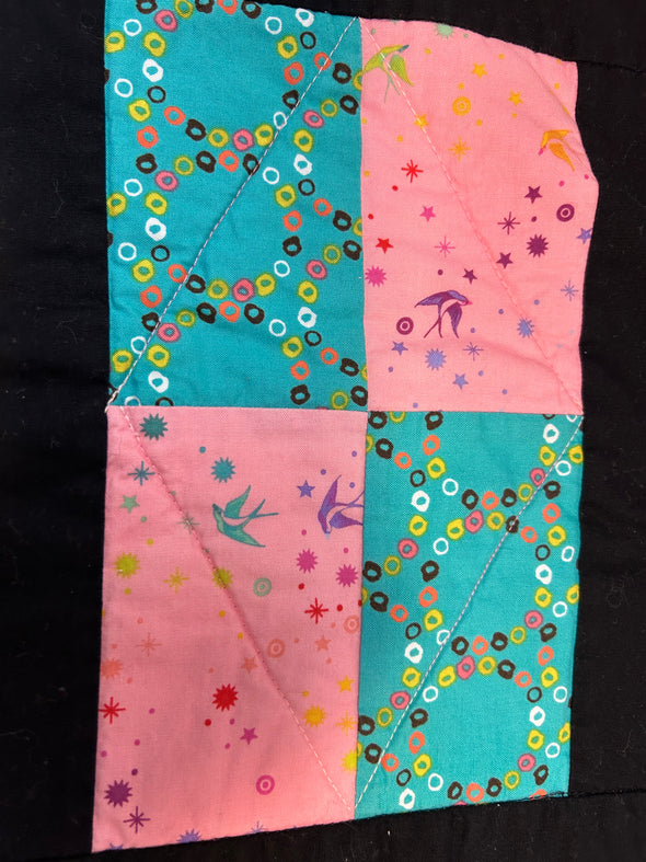 Handmade Quilt, Black/Teal/Pink, 64” x 48”, Reverse Side White