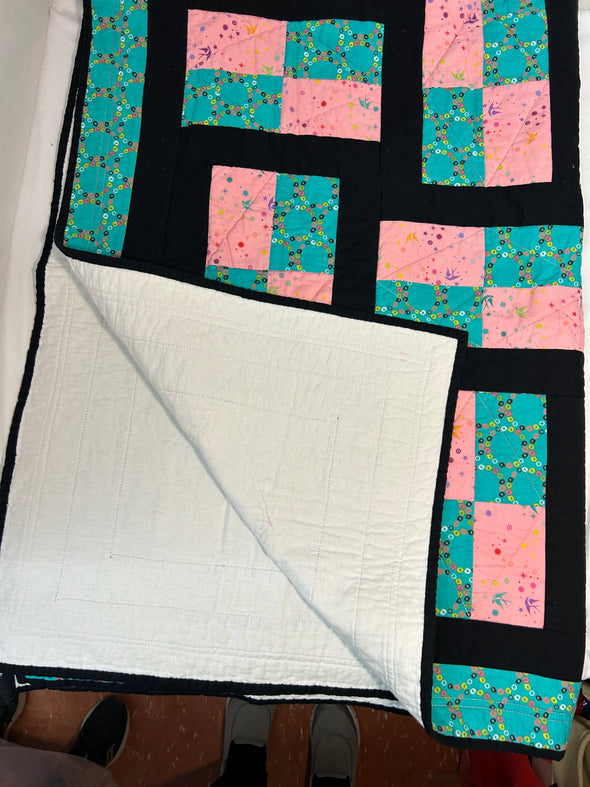 Handmade Quilt, Black/Teal/Pink, 64” x 48”, Reverse Side White