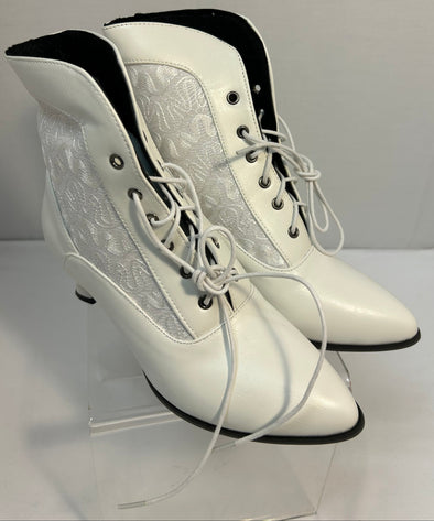 Ladies Wedding Boots, 2" Heel, White Lace, 39, New