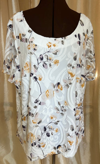 Ladies Short Sleeve, Lined Blouse, Cream Floral, 2X