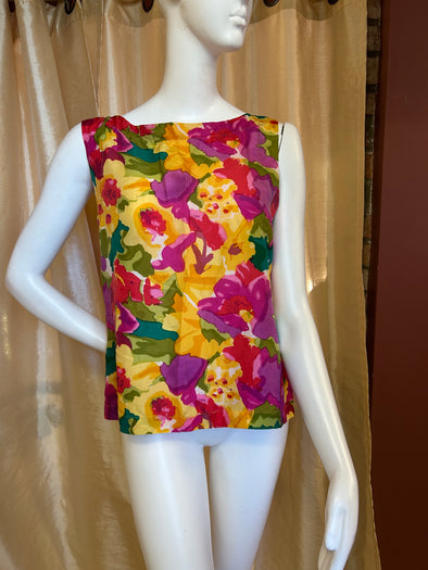 Sleeveless Blouse, Multi Floral Print, 100% Silk, Medium, NEW
