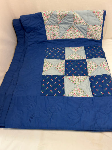 Handmade Quilt, Blue/Print, 80" x 60", Reverses to Blue