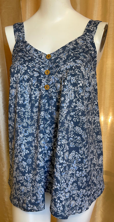 Ladies Long Sleeve Pullover Blouse, Button Trim, Blue Print (S)