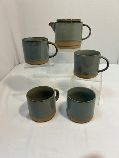 5-Piece Tea Service, 4, 3” Mugs, Teapot & Lid, Grey/Taupe, NEW