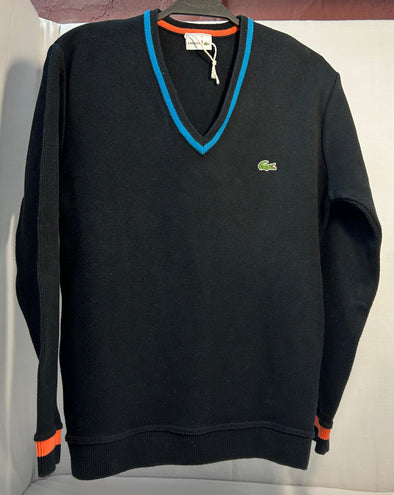 Long Sleeve V-Neck Sweater, Size Small, Black/Blue Trim