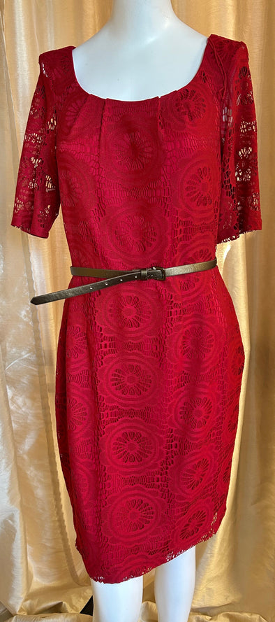 Short Sleeve Lined Red Lace Dress, Size 10, Belted, NEW