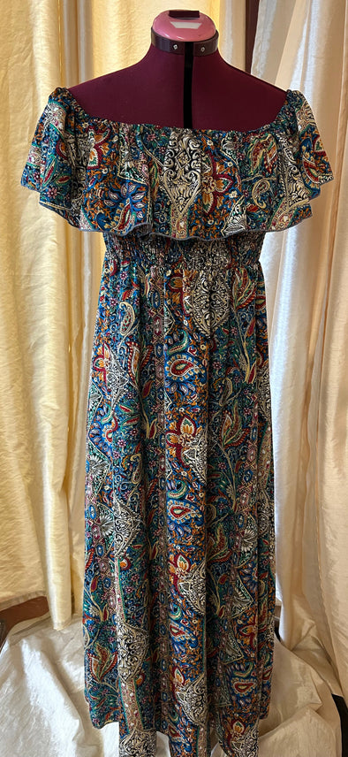 Elastic Bodice Maxi Dress, Paisely Print, Off the Shoulder Medium,