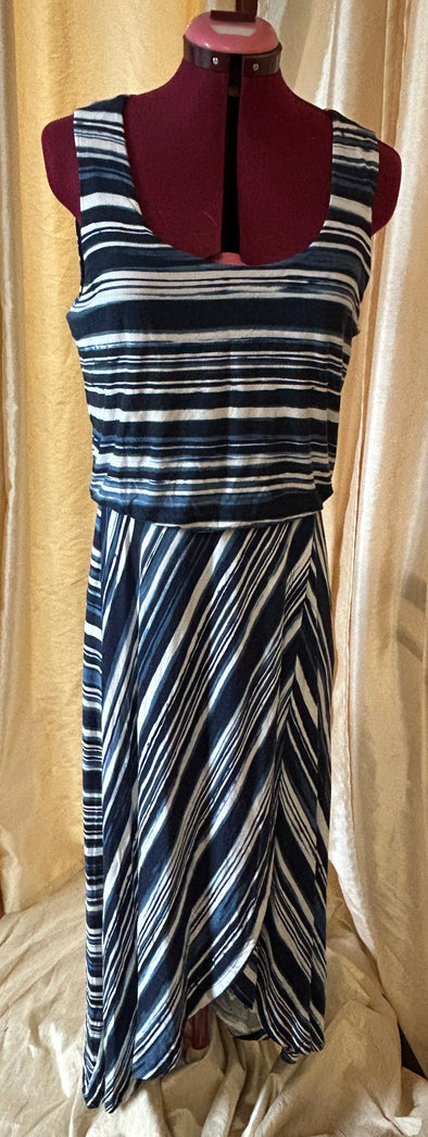 Elastic Waist Dress, Blue/White, Medium, NEW