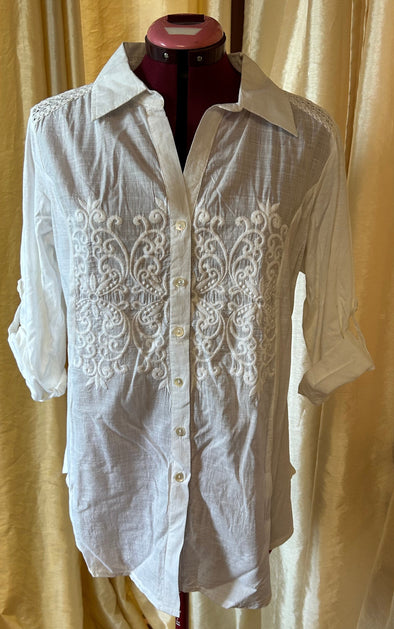 Ladies Button Front Blouse, White, Medium