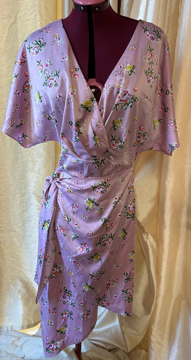 Wrap Pink Floral Dress, Back Zipper, Synthetic,