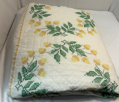 Handmade Cross Stitch Quilt, Yellow/White, 80" x 92"