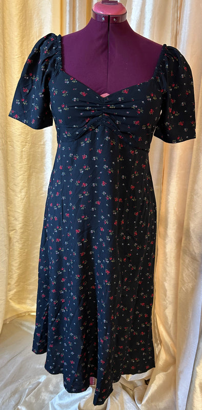 Short Sleeve Dress, Scoop Neck, Black Floral, Medium