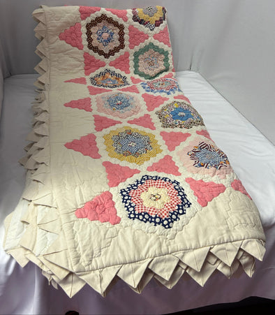 Vintage Floral Quilt Pink Print, 82" x 68", Cream Back & Trim